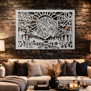 Steampunk Bison Horizon Metal Wall Art, Oversized Rustic Industrial Decor, Optional RGB LED, Nature Lover Gift