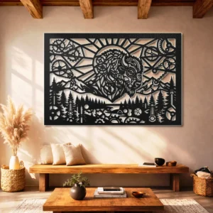 Steampunk Bison Horizon Metal Wall Art, Oversized Rustic Industrial Decor, Optional RGB LED, Nature Lover Gift