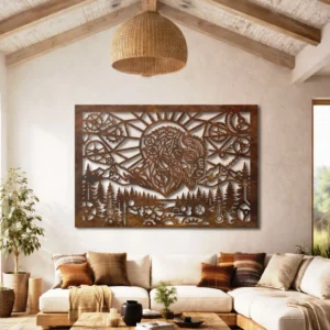 Steampunk Bison Horizon Metal Wall Art, Oversized Rustic Industrial Decor, Optional RGB LED, Nature Lover Gift