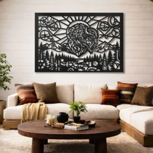 Steampunk Bison Horizon Metal Wall Art, Oversized Rustic Industrial Decor, Optional RGB LED, Nature Lover Gift