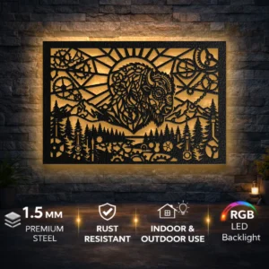 Steampunk Bison Horizon Metal Wall Art, Oversized Rustic Industrial Decor, Optional RGB LED, Nature Lover Gift