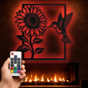 Sunflower and Hummingbird Metal Art, Oversized Rustic Garden Decor, Optional LED, Nature Lover Gift