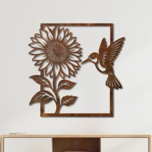 Sunflower and Hummingbird Metal Art, Oversized Rustic Garden Decor, Optional LED, Nature Lover Gift