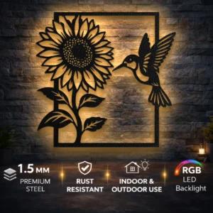 Sunflower and Hummingbird Metal Art, Oversized Rustic Garden Decor, Optional LED, Nature Lover Gift