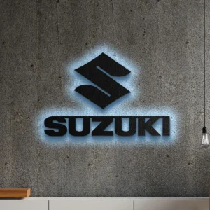 Black metal Suzuki logo wall art with blue LED backlight.