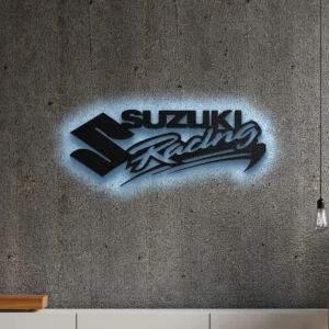 Black metal Suzuki Racing logo wall art with blue LED backlight
