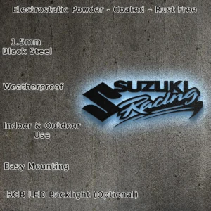 Suzuki Racing Metal Art, Bold Motorsport Logo, RGB LED Garage Sign, Motorcycle Fan Gift