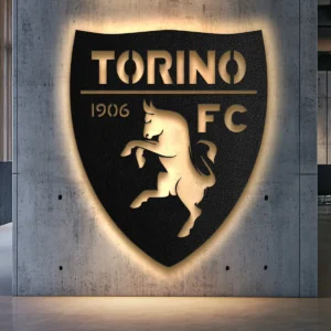 Torino FC metal logo sign with golden details and LED backlighting.