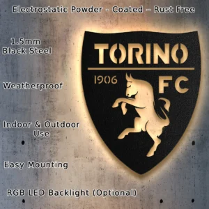 Torino FC Metal Logo Sign, Iconic Serie A Football Art, LED Game Room Decor, Dedicated Fan Gift