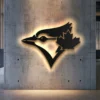 Toronto Blue Jays metal logo wall art with bright LED backlighting.