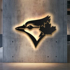 Toronto Blue Jays metal logo wall art with bright LED backlighting.
