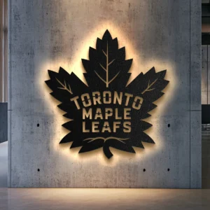 Black metal Toronto Maple Leafs logo wall art with bright LED backlighting.