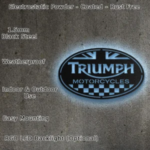 Triumph Metal Logo Art, British Motorcycle Decor, RGB LED Garage Sign, Rider Man Cave Gift