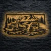 Oversized rustic metal wall art depicting trucks and mountains.