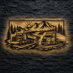 Oversized rustic metal wall art depicting trucks and mountains