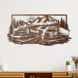 Truck Mountain Landscape Metal Art, Oversized Rustic Road Sign, Optional RGB LED, Trucker Gift for Him