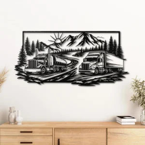 Truck Mountain Landscape Metal Art, Oversized Rustic Road Sign, Optional RGB LED, Trucker Gift for Him