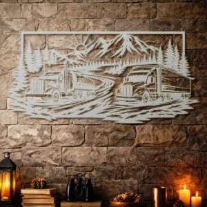 Truck Mountain Landscape Metal Art, Oversized Rustic Road Sign, Optional RGB LED, Trucker Gift for Him