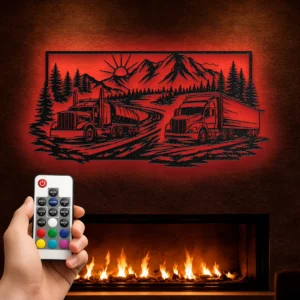 Truck Mountain Landscape Metal Art, Oversized Rustic Road Sign, Optional RGB LED, Trucker Gift for Him