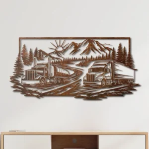 Truck Mountain Landscape Metal Art, Oversized Rustic Road Sign, Optional RGB LED, Trucker Gift for Him