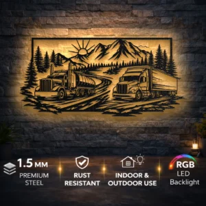 Truck Mountain Landscape Metal Art, Oversized Rustic Road Sign, Optional RGB LED, Trucker Gift for Him