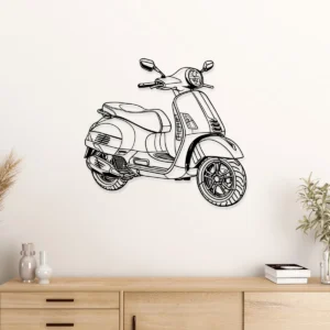 Black metal Vespa GTS Super silhouette wall art on a white wall.