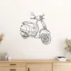 Black metal line art of Vespa GTS Supertech scooter on a white wall.
