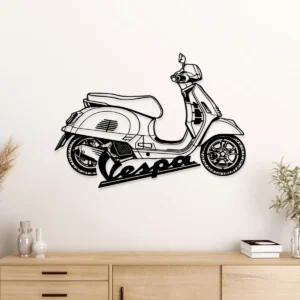 Black metal Vespa scooter wall art with logo on white background.