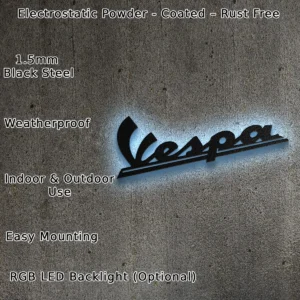 Vespa Metal Logo, Iconic Italian Scooter Art, RGB LED Garage Sign, Retro Rider Gift