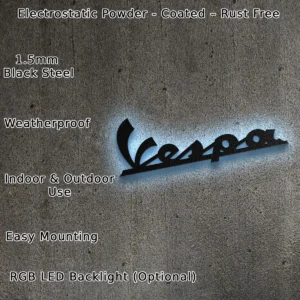 Vespa Metal Logo, Retro Scooter Wall Decor, Dynamic RGB LED Art, Enthusiast Gift