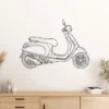 Black metal line art of Vespa Primavera 50 scooter on a white wall.