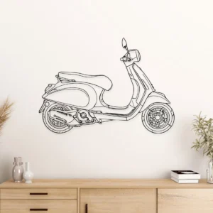 Black metal line art of Vespa Primavera 50 scooter on a white wall.