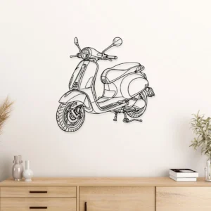 Black metal Vespa scooter wall art with clean lines.