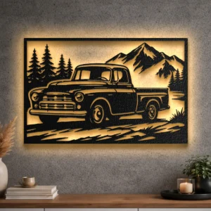 Large rustic vintage truck metal wall art with mountain scene