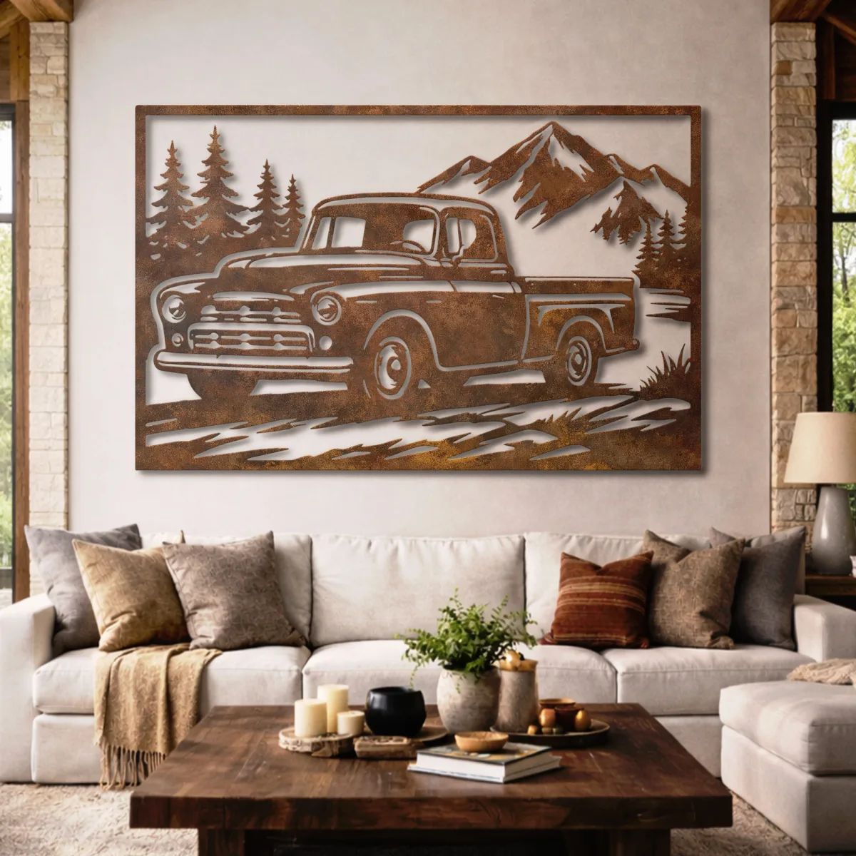 Oversized metal sign featuring a classic truck and forest