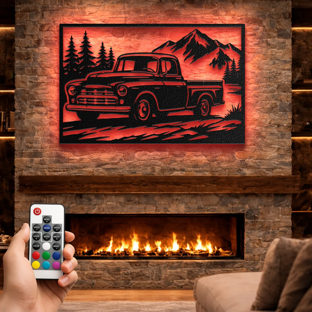 Rustic farmhouse decor with a vintage truck and LED backlight