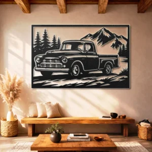 Vintage Truck Mountain Scene Metal Wall Art, Oversized Rustic Farmhouse Decor, Optional LED Backlight, Truck Lover Gift