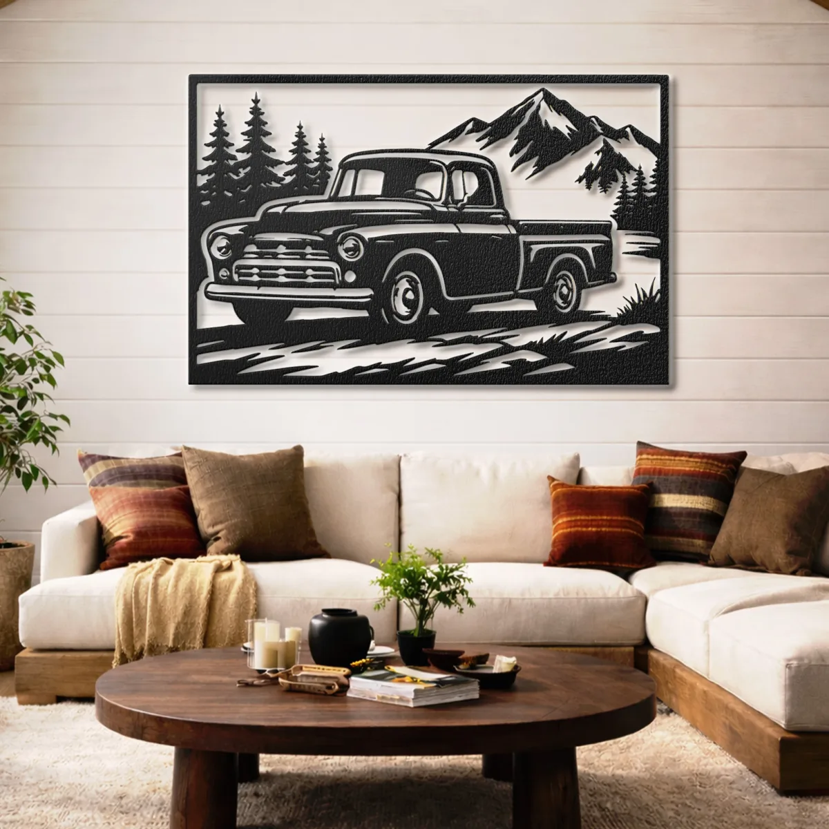 Metal wall art with optional LED showcasing a mountain truck