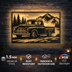 Vintage Truck Mountain Scene Metal Wall Art, Oversized Rustic Farmhouse Decor, Optional LED Backlight, Truck Lover Gift