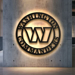 Black metal Washington Commanders oval logo wall art with bright LED backlighting.