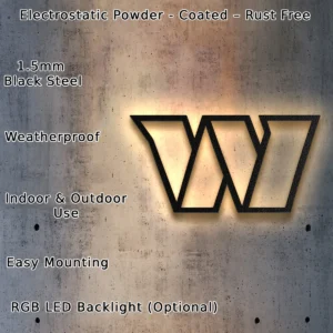 Washington Metal Wall Decor, Modern 'W' Emblem, Dynamic LED Display, Ultimate Sports Fan Gift