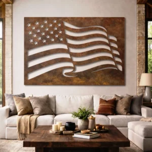 Waving American Flag Metal Wall Art, Oversized Rustic Patriotic Decor, Optional LED, Veteran Gift