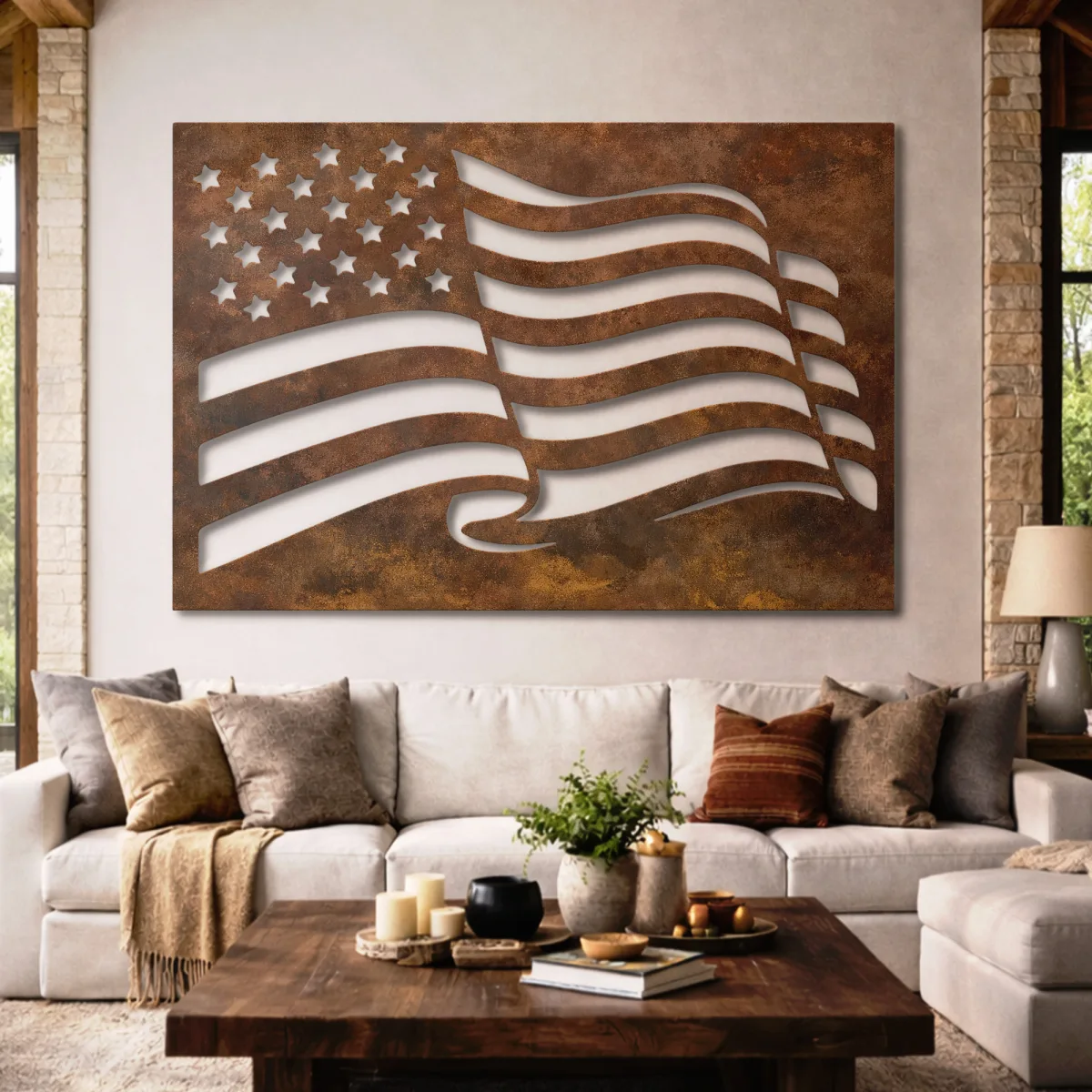 Waving American Flag Metal Wall Art Oversized Rustic Patriotic Decor Optional LED Veteran Gift Fabia Home Oversized patriotic metal sign perfect for a bold statement