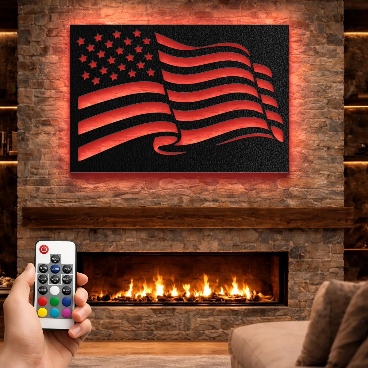 Waving American Flag Metal Wall Art Oversized Rustic Patriotic Decor Optional LED Veteran Gift Fabia Home Detailed metal wall decor depicting a flowing USA flag