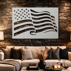 Waving American Flag Metal Wall Art, Oversized Rustic Patriotic Decor, Optional LED, Veteran Gift