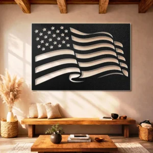 Waving American Flag Metal Wall Art, Oversized Rustic Patriotic Decor, Optional LED, Veteran Gift
