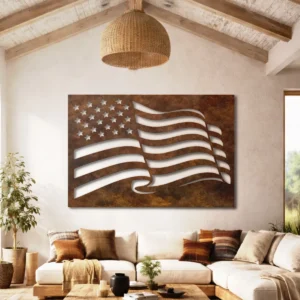 Waving American Flag Metal Wall Art, Oversized Rustic Patriotic Decor, Optional LED, Veteran Gift