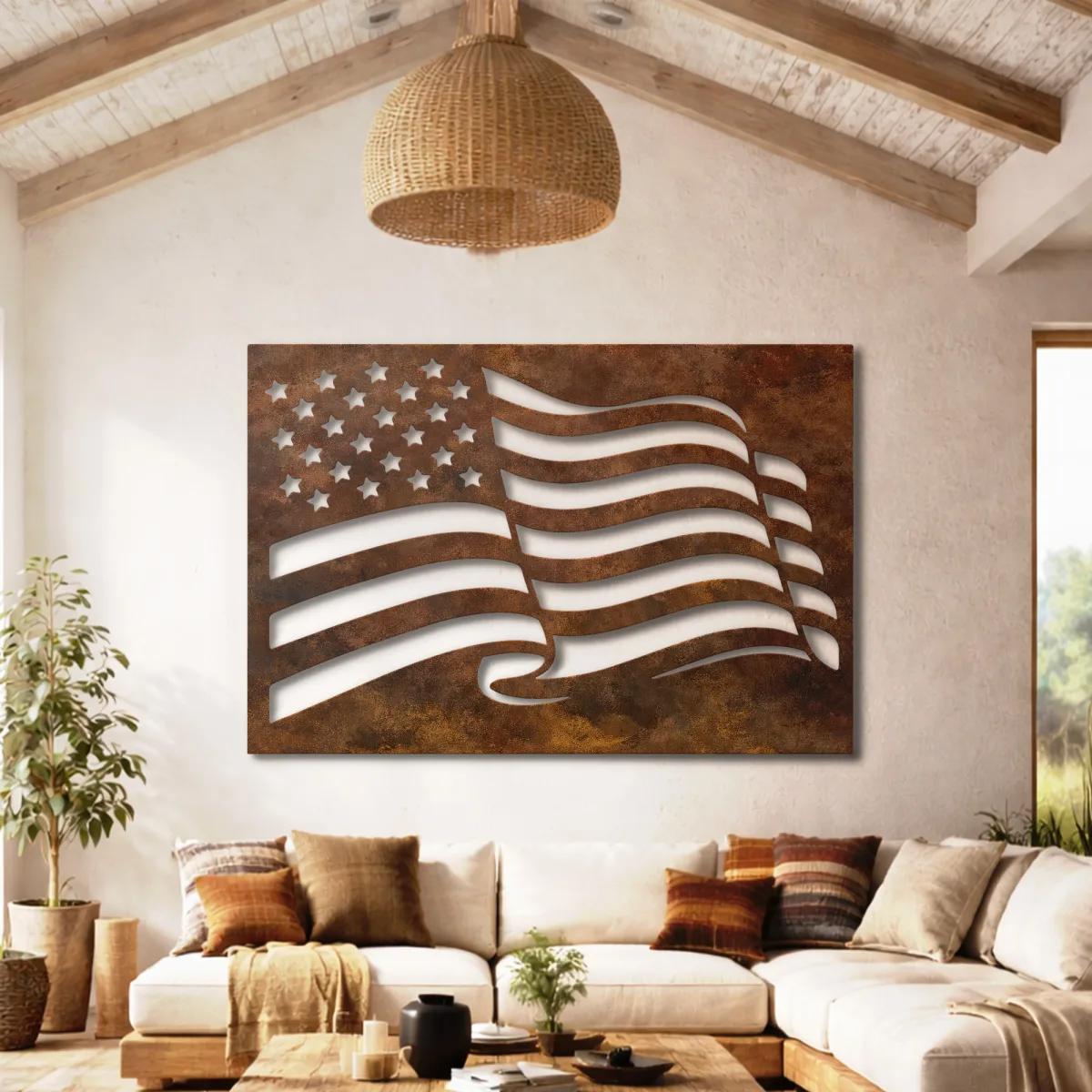 Waving American Flag Metal Wall Art Oversized Rustic Patriotic Decor Optional LED Veteran Gift Fabia Home An impressive oversized metal art piece of the American flag