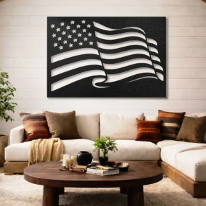 Waving American Flag Metal Wall Art, Oversized Rustic Patriotic Decor, Optional LED, Veteran Gift