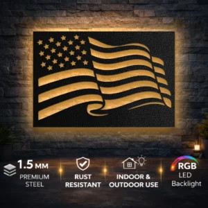 Waving American Flag Metal Wall Art, Oversized Rustic Patriotic Decor, Optional LED, Veteran Gift